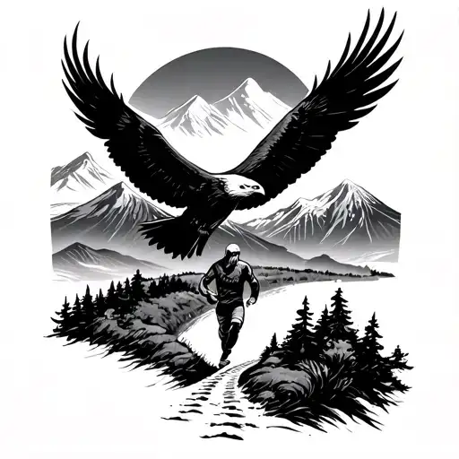 A Man Running Down A Long Road That Leads Up A Mountain With An Eagle Soaring High