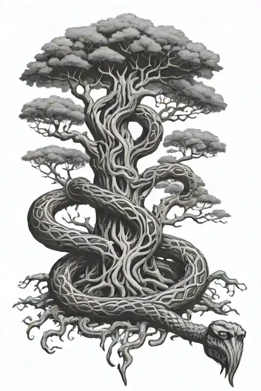 Yggdrasil Tree With Mjolnor Hammer As The Trunk With A Snake Wrapping Around