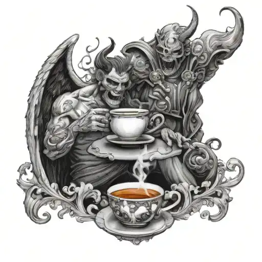 Male Demon And Angel Drinking Tea Cup With Steam Rising