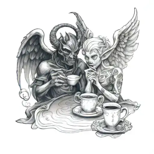 Demon And Angel Drinking Tea Having A Conversation