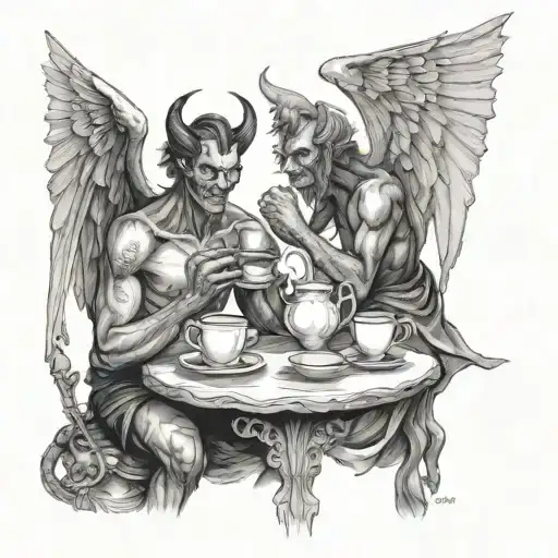 Realistic Demon And Male Angel Drinking Tea Having A Conversation