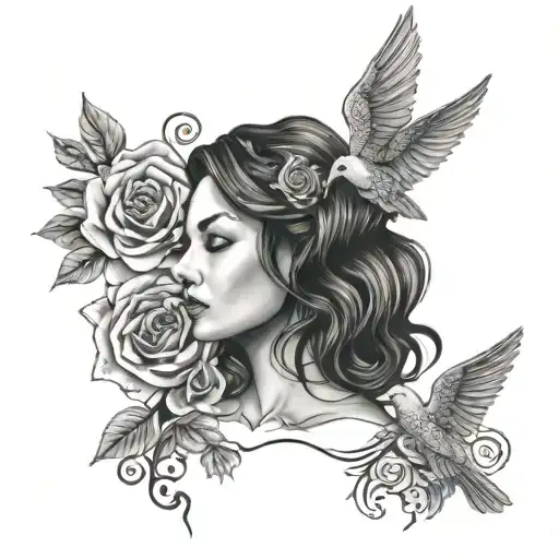 A Detailed Black And Grey Portrait Of Your Wife Surrounded By Intricate Rose And Dove Patterns