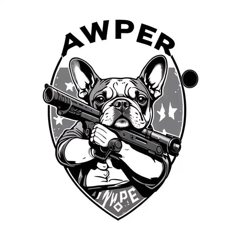 Line Tattoo French Bulldog Holding An Awp Sniper Aiming With Word Awper