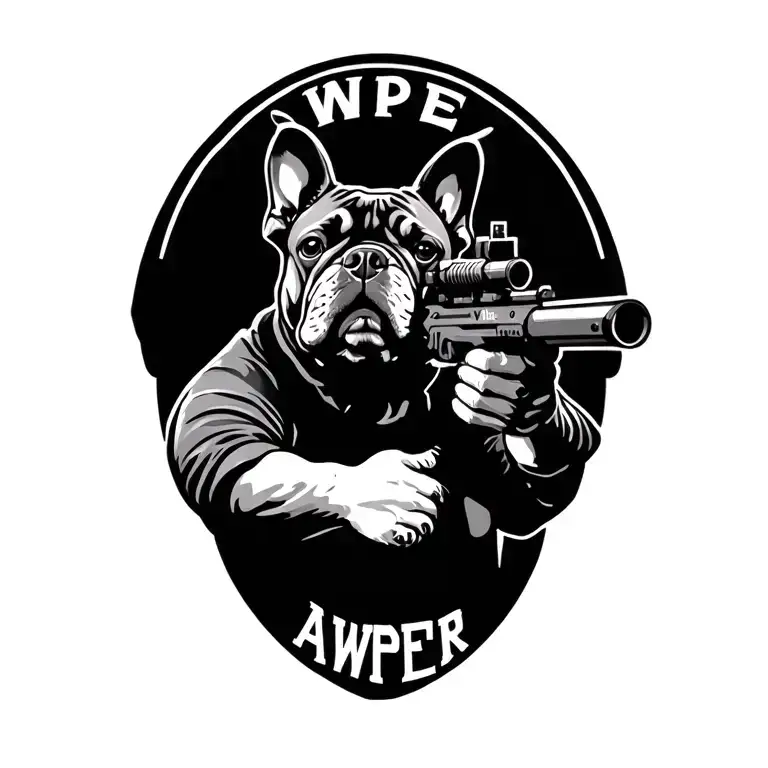 Line Tattoo French Bulldog Holding An Awp Sniper Aiming With Word Awper