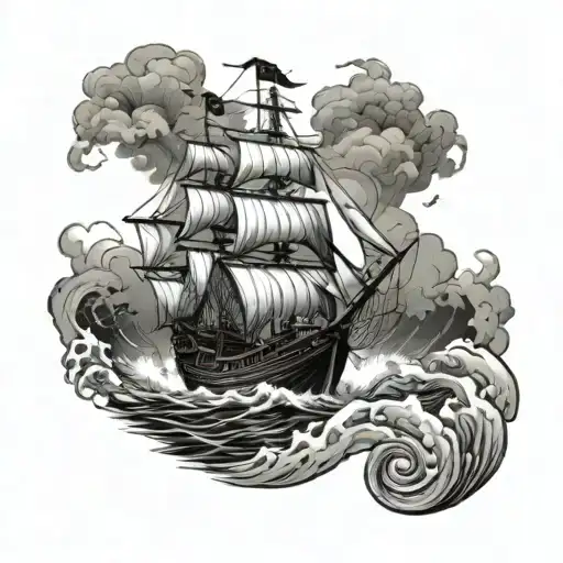 A Pirate Ship Sailing Through A Stormy Sea While Fighting A Kraken