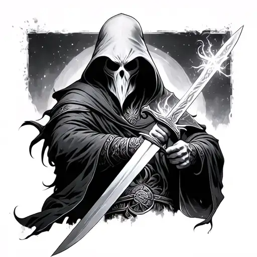 Faceless Sorceror With A Sword Looking Humble Tattoo Gothic Style