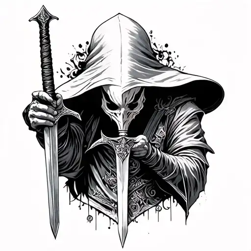Faceless Sorceror Full Body With A Sword Facing Down Looking Humble Tattoo Gothic Style