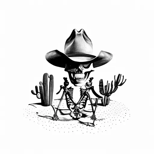 Setting Sun And Skeleton With Cowboy Boots And Hat On Leaning Against Cactus