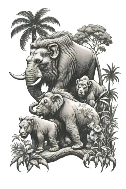 Elephant Lion And Gorilla Jungle Setting
