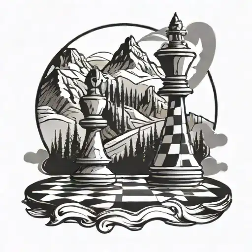 Make Me A Black And White Tattoo Of A Mountain Landscape In The Outline Of A Chess Piece
