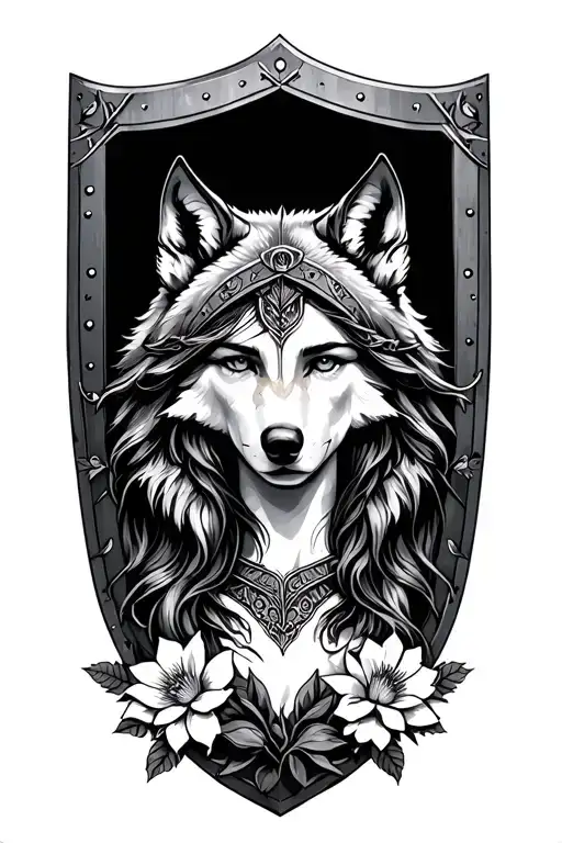 Shield Maiden With Wolf And Flowers Intertwined