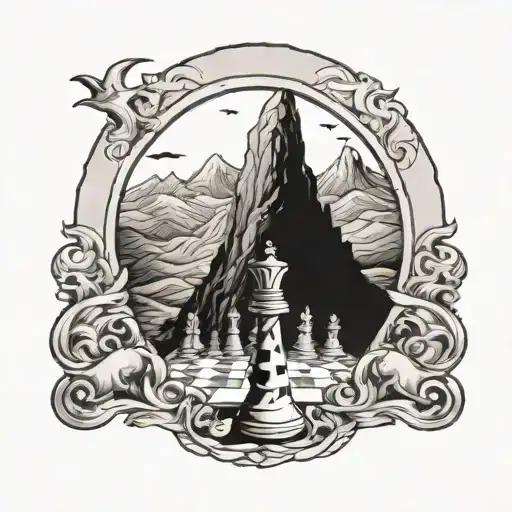 Make Me A Black And White Tattoo Of A Mountain Landscape Inside The Outline Of A Rook Chess Piece