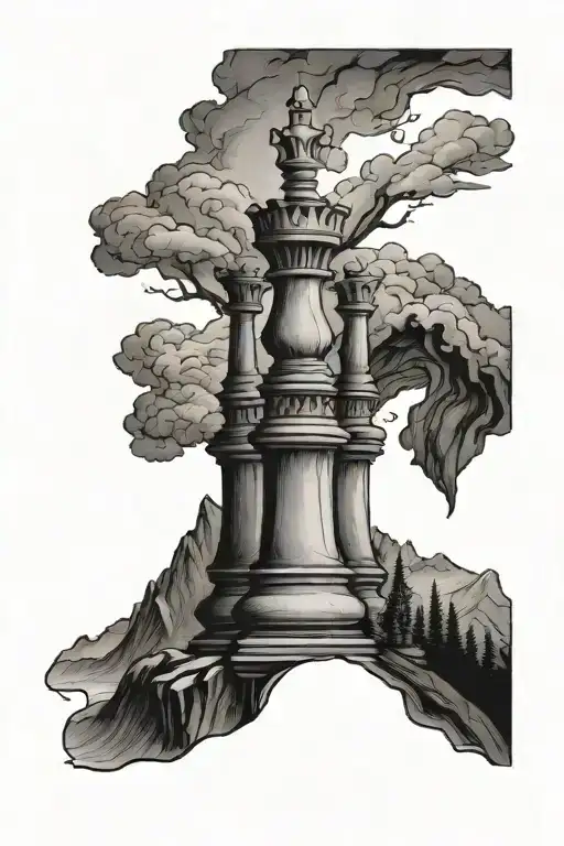Make Me A Black And White Tattoo Of A Mountain Landscape Inside The Outline Of A Rook Chess Piece
