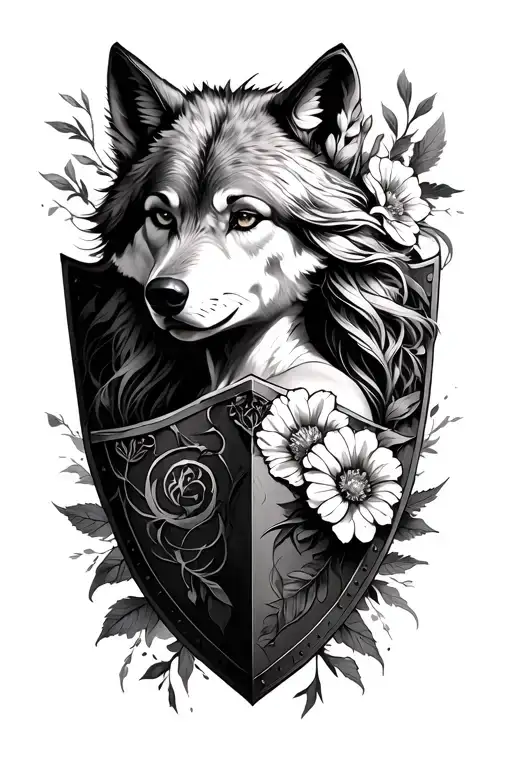 Shield Maiden Warrior With Wolf And Flowers Intertwined