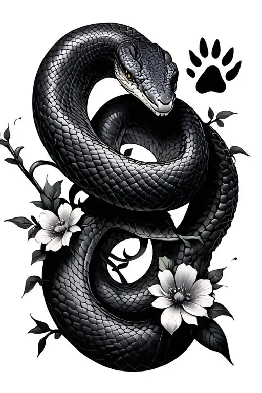 A Snake That Will Wrap Around A Staff With Vines And Flowers And A Paw Print Incorporated