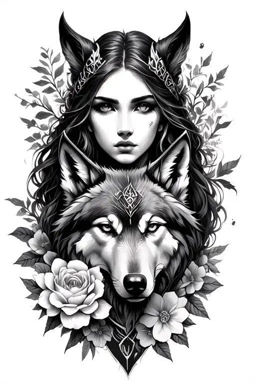 Maiden Warrior With Wolf And Flowers Intertwined