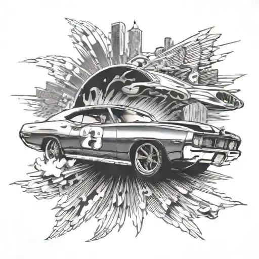 A Sleek And Detailed Tattoo Of A Classic Muscle Car Speeding Down A Highway