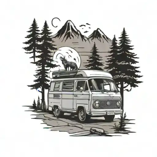 A Vanlife Scene With A Wolf Driving A Camper Van Through A Forest