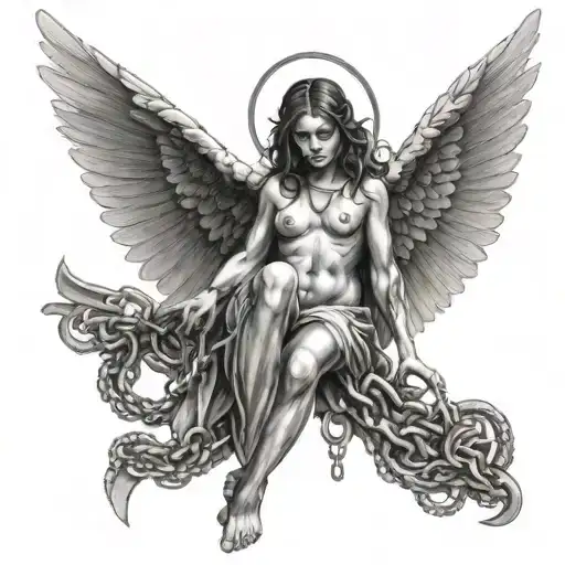 Female Angel In Crucifix Position With Chains On Wings Feet And Arms
