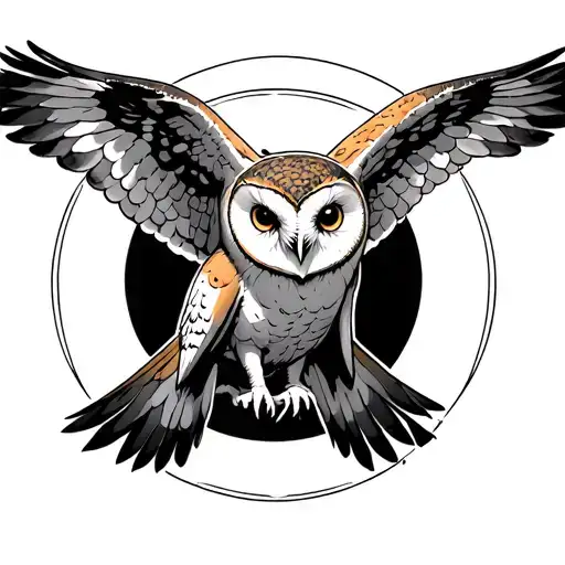 Myamoto Mushashi With A Barn Owl Flying In Front Of A Full Moon