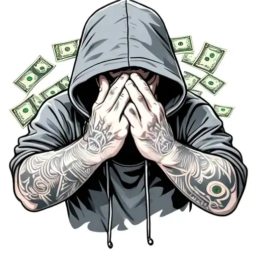 Hustle Mode Man In The Hoodie Covering His Face With Hands And Money Around Him