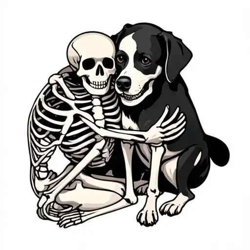 Human Skeleton Hugging Dog Sitting Together
