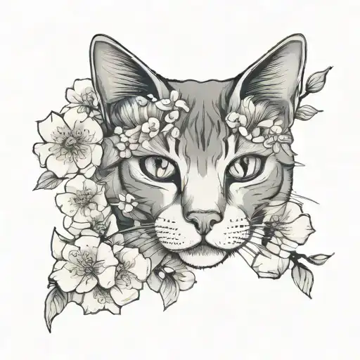 Cat With Sakura Flowers
