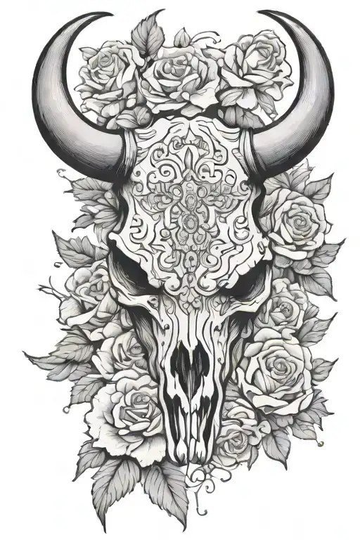 Bull Skull And Flowers Surrounding