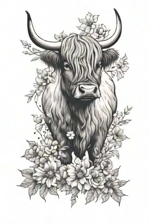 Highland Cow And Flowers Surrounding Them