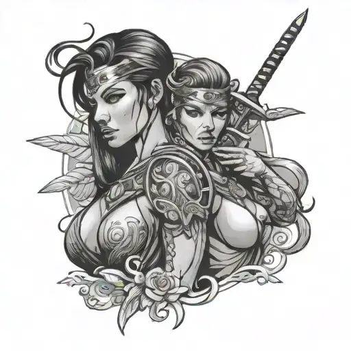 Beautiful Amazonian Woman With A Sword Standing In A Mans Neck