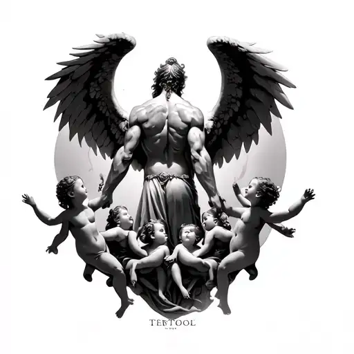 Muscular Ancient Angel For The Back With Small Angels Underneath