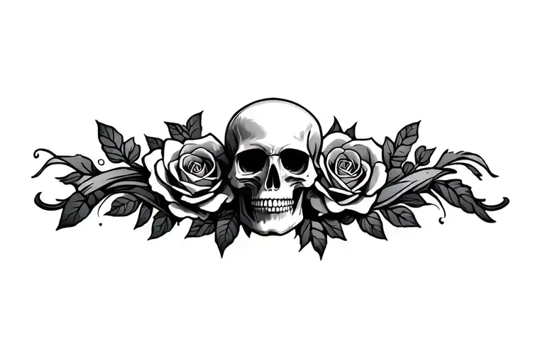 Skull And Roses In Wave Tattoo Design