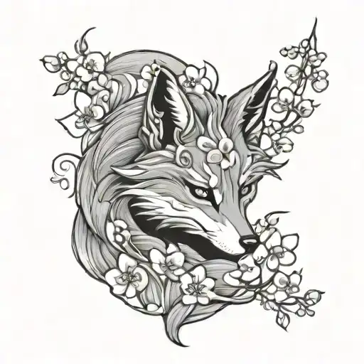 Kitsune With Cherry Blossom And Magic Sparkle Tattoo Black And White