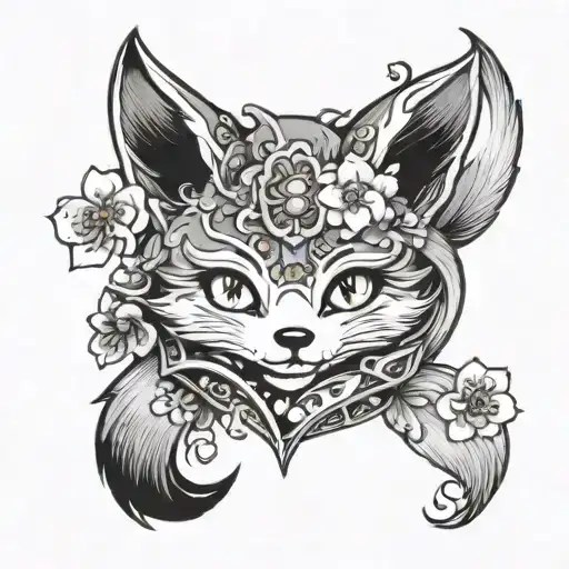 Kawaii Comic Kitsune With Cherry Blossom And Magic Sparkle Tattoo Black And White