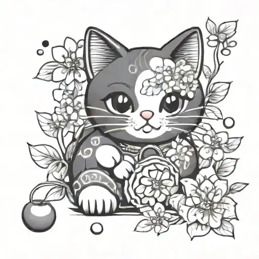 Kawaii Comic Lucky Cat With Cherry Blossom And Magic Sparkle