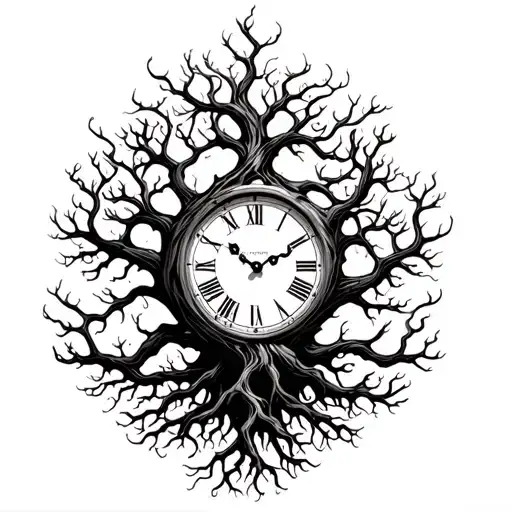 Asymmetrical Tree Of Life With Roots And Vines Wrapping A Clock On Roots