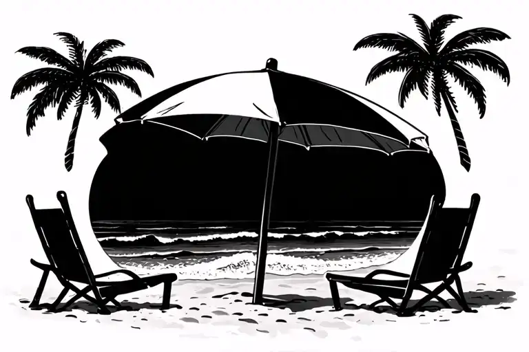 Beach Landscape Tattoo Featuring Umbrella And Two Chairs
