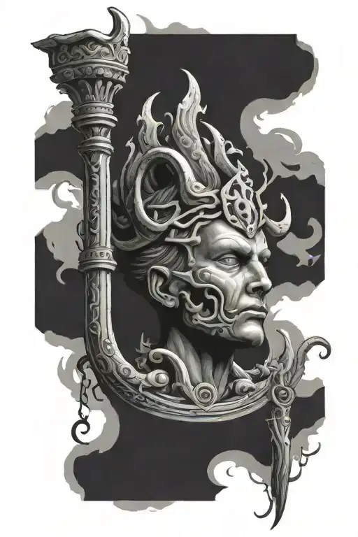 Sunken Atlantis Lost City Ruins With A Small Medusa Head And Trident