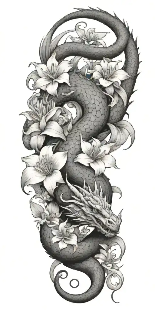Neutral Looking Dragon Wrapping Around Lilly Flowers Together With A Snake