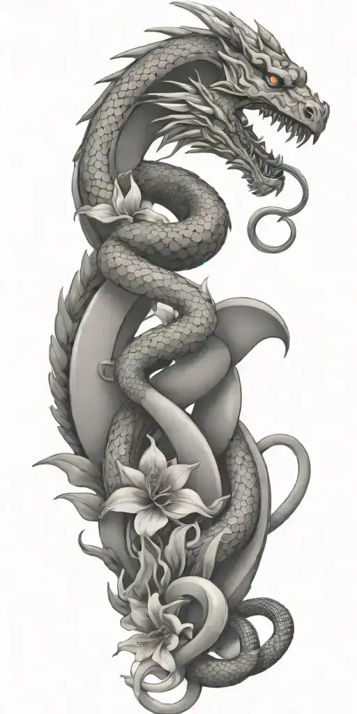 Neutral Looking Dragon Wrapping Around Lilly Flowers Together With A Snake