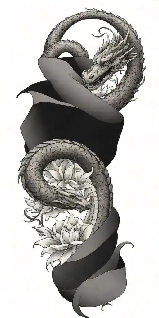 Neutral Looking Dragon Wrapping Around Lilly Flowers Together With A Snake