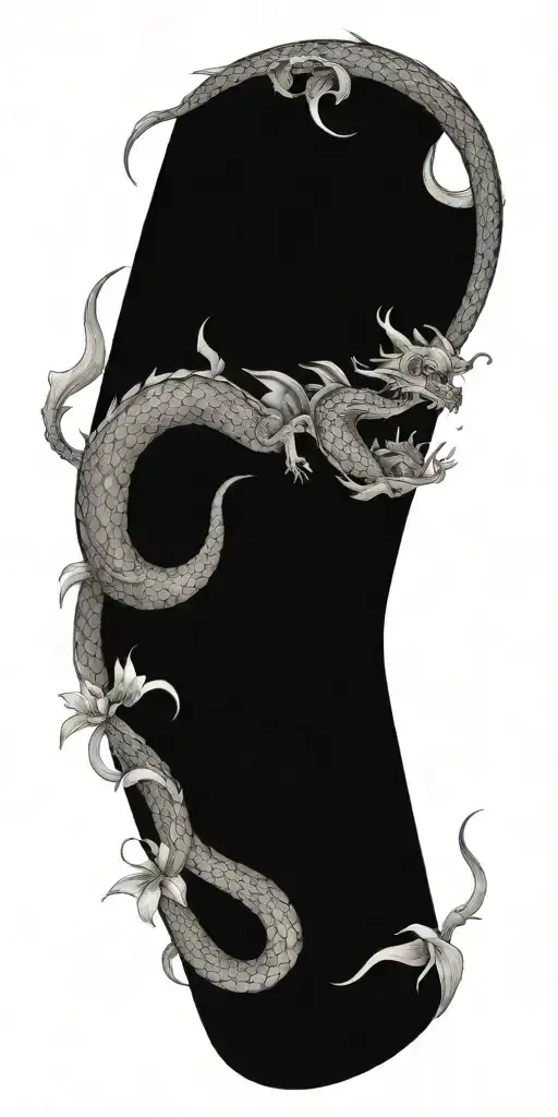 Neutral Looking Dragon Wrapping Around Lilly Flowers Together With A Snake