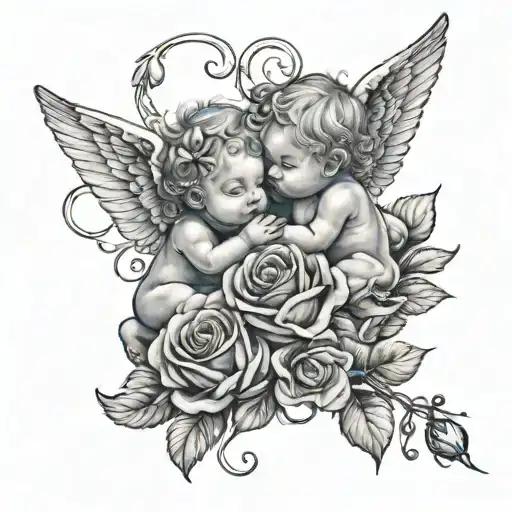 Baby Cupids Connected By A Rose Intertwined