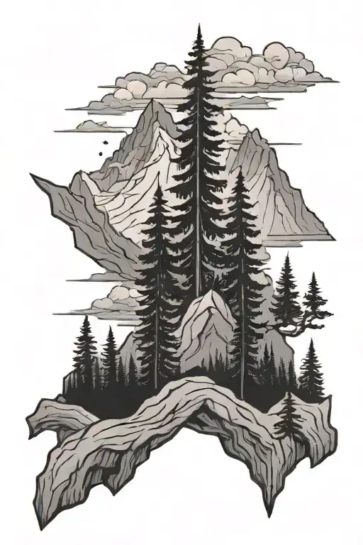 Mountain And Pine Wood Carving