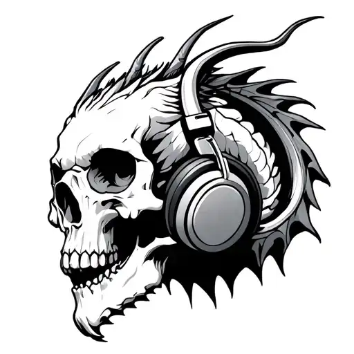 Dragon Hanging On The Side Of A Skull Wearing Headphones
