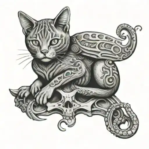 Cat Sitting On Cthulhu Skull Shoulder