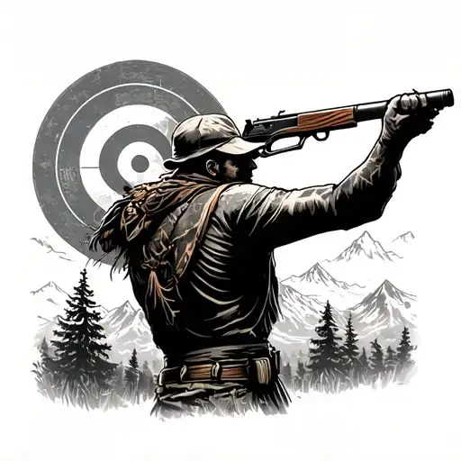 A Neotraditional Tattoo Of A Hunter Aiming At A Target With Mountains In The Background