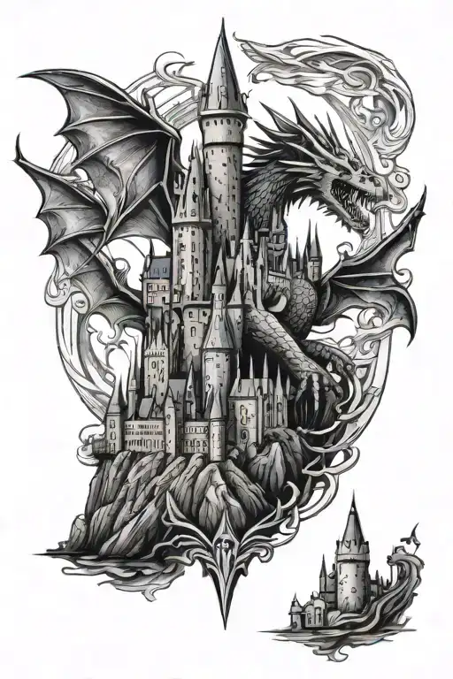 Hogwarts Castle With Dragon Flying