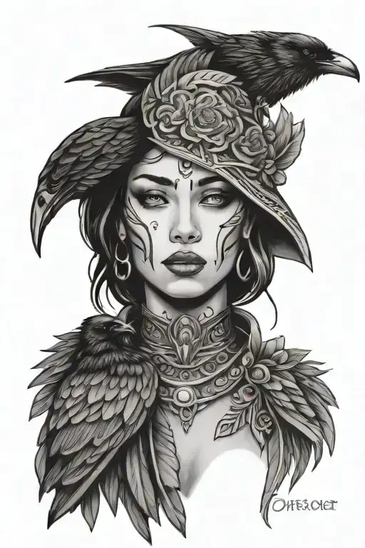 Woman's Face In A Raven Wing In Totem Style