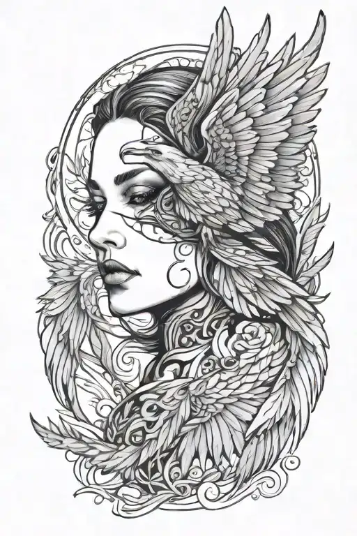 Woman's Face In A Soaring Raven Wing